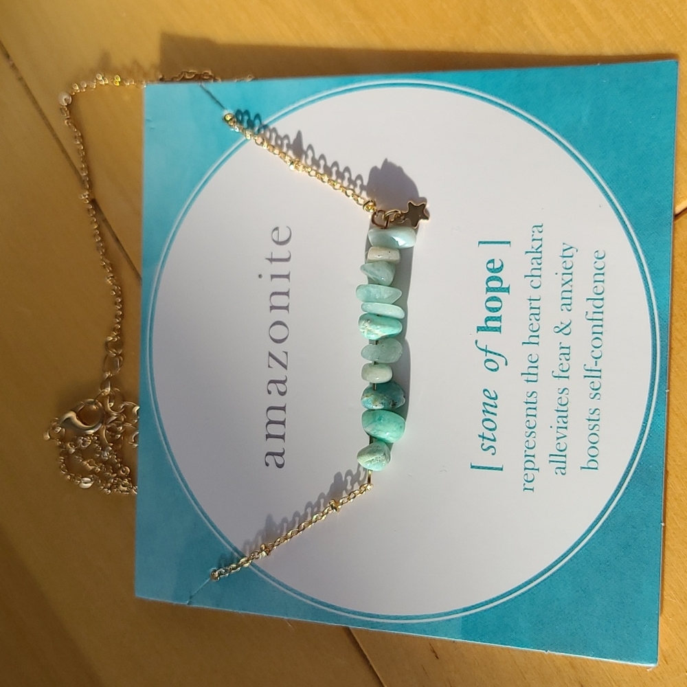 Amazonite stones necklace, blue and gold color, with a cute little star - Picture 1 of 8